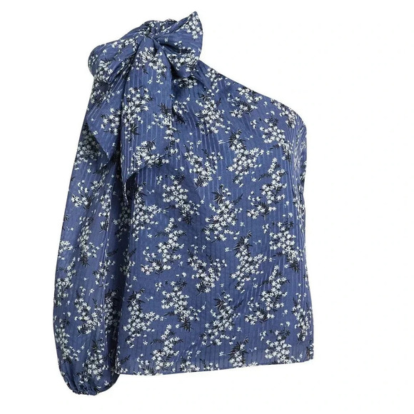 Ulla Johnson Enid Blue Floral One Shoulder Silk Blend Blouse  - Bow Asymmetrical - Picture 2 of 10